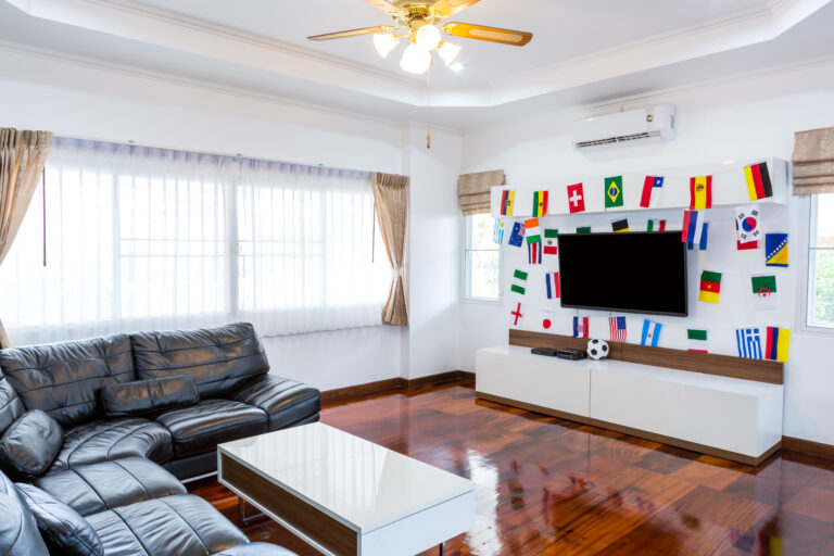 Modern room with TV and Flags for soccer championship 2014