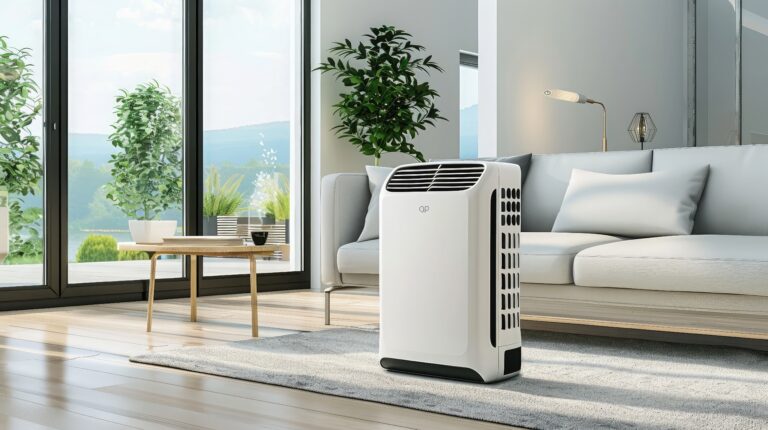 portable air conditioner or mobile air cooler in modern living room